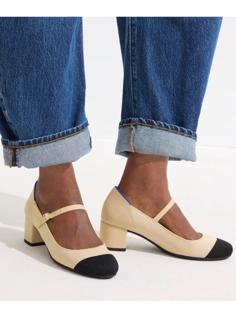 Rothy’s The Mary Jane Heel Cream Black Captoe Knit Block Heels Size 8.5
